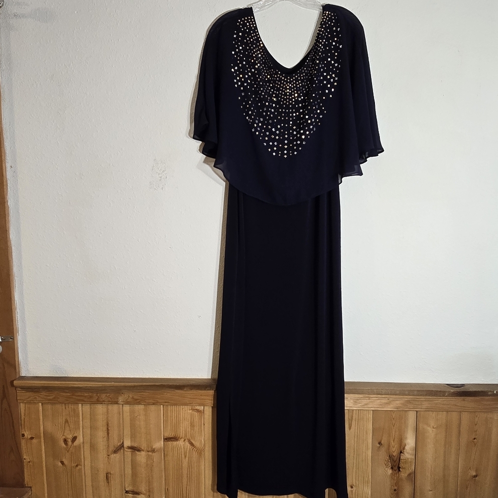 Glamour Night Maxi Beaded Navy Blue Formal Cape Sleeve Dress Side Slit Pullove 8